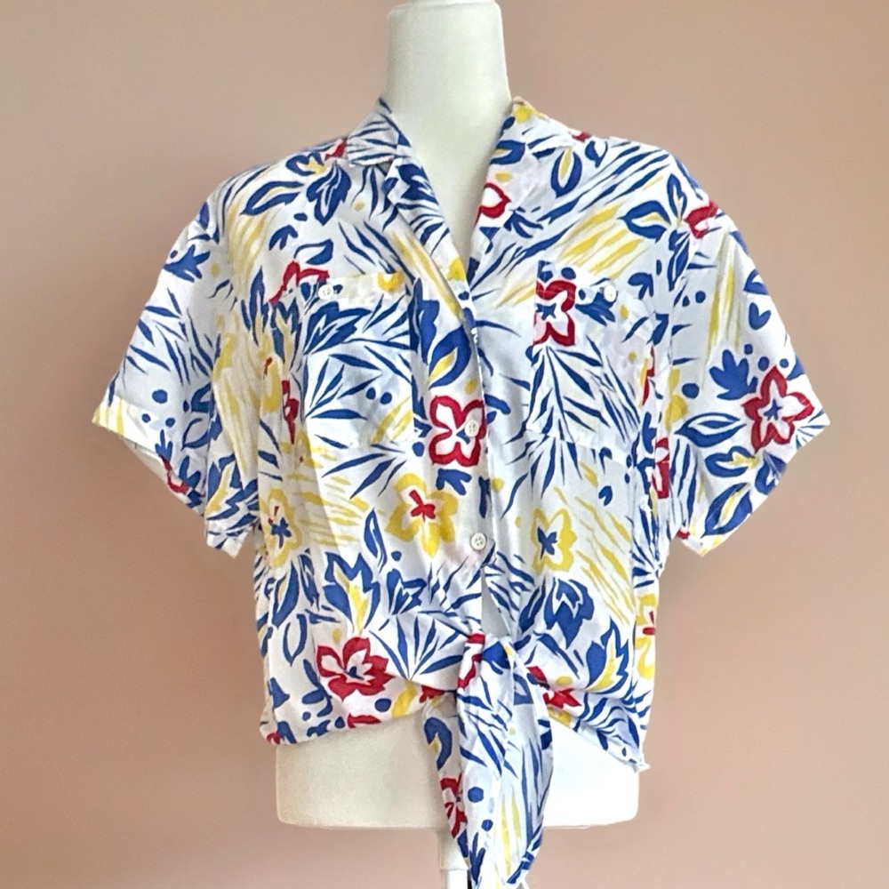 David Matthew Vtg 80s Resort Tropical Floral Button-Up Tie-Front Shirt Size 14 - Picture 13 of 13